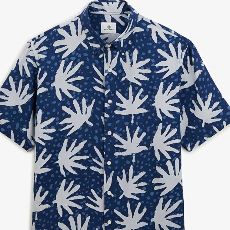 Abstract Palm Leaf Shirt S/S: Blue