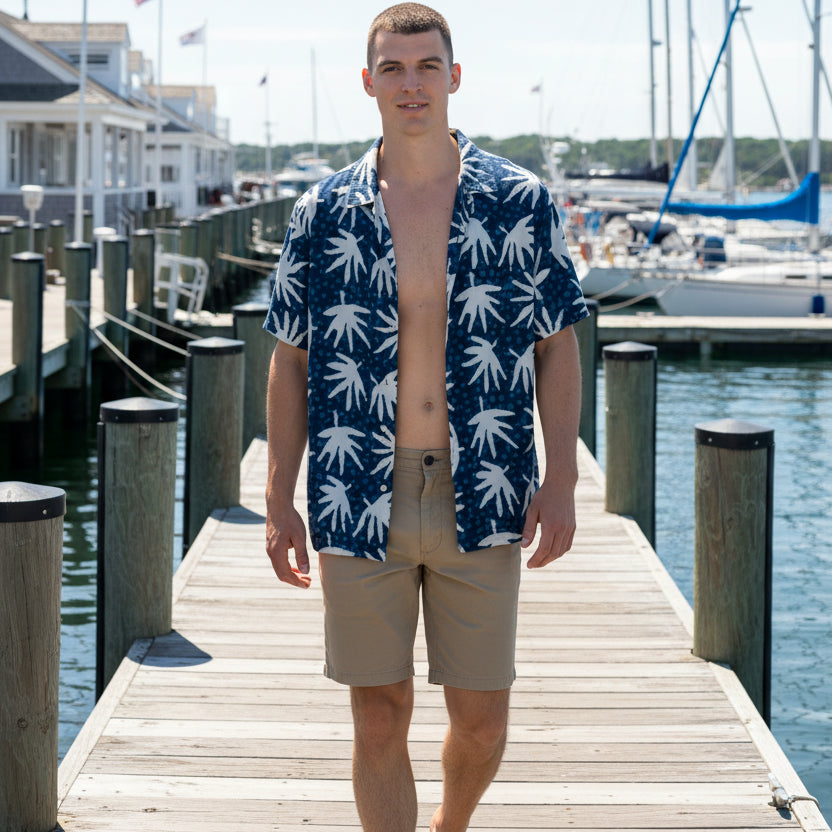 Abstract Palm Leaf Shirt S/S: Blue