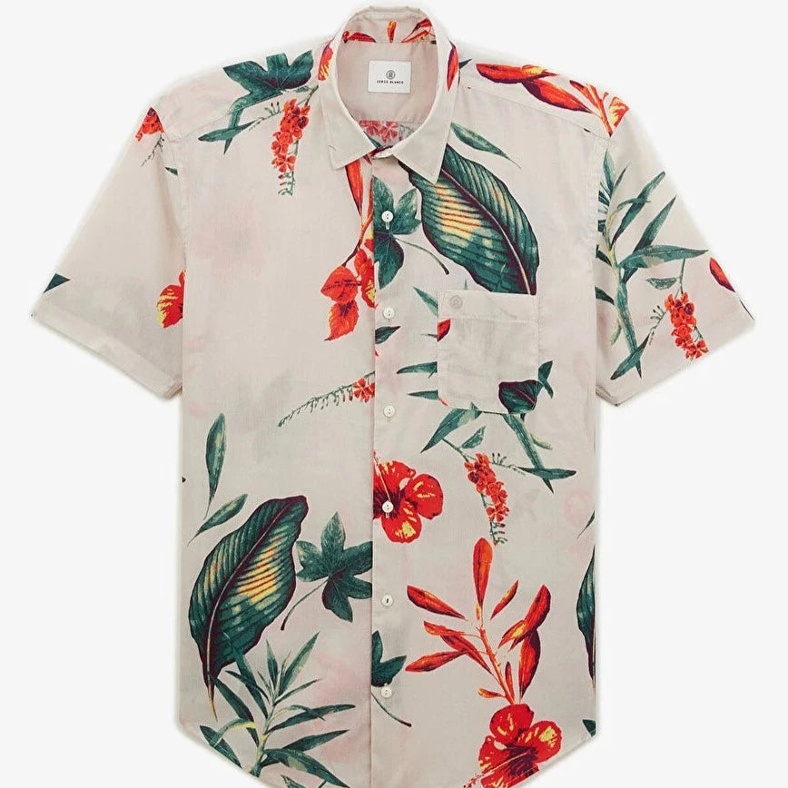 Hibiscus Print Shirt S/S: Ecru
