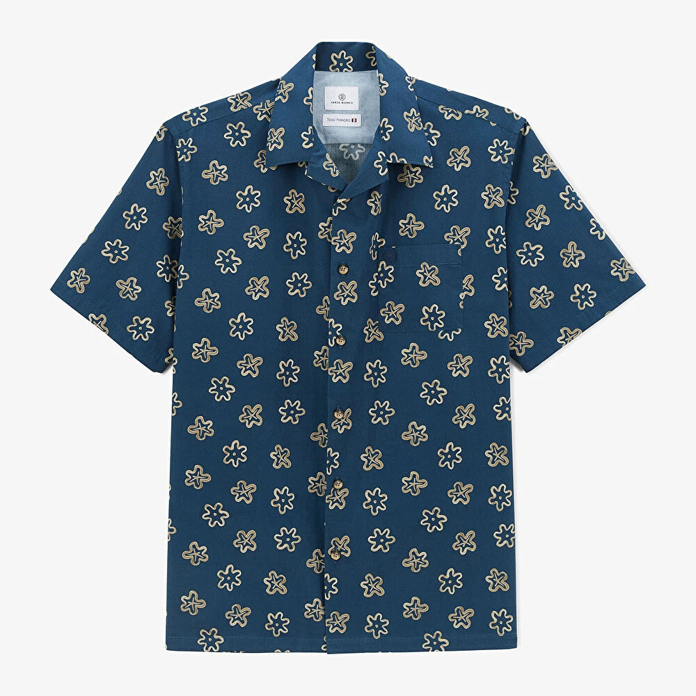 Abstract Flower Camp Shirt S/S: Blue