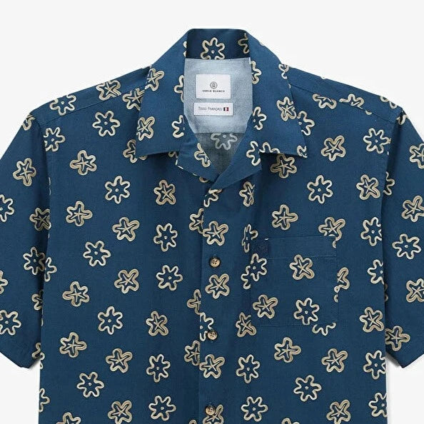 Abstract Flower Camp Shirt S/S: Blue