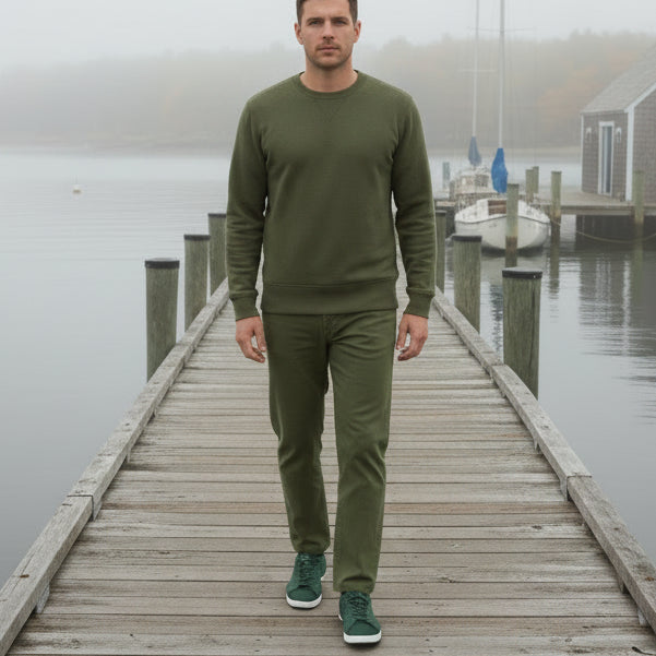 Tapered Stretch Denim: Military Green