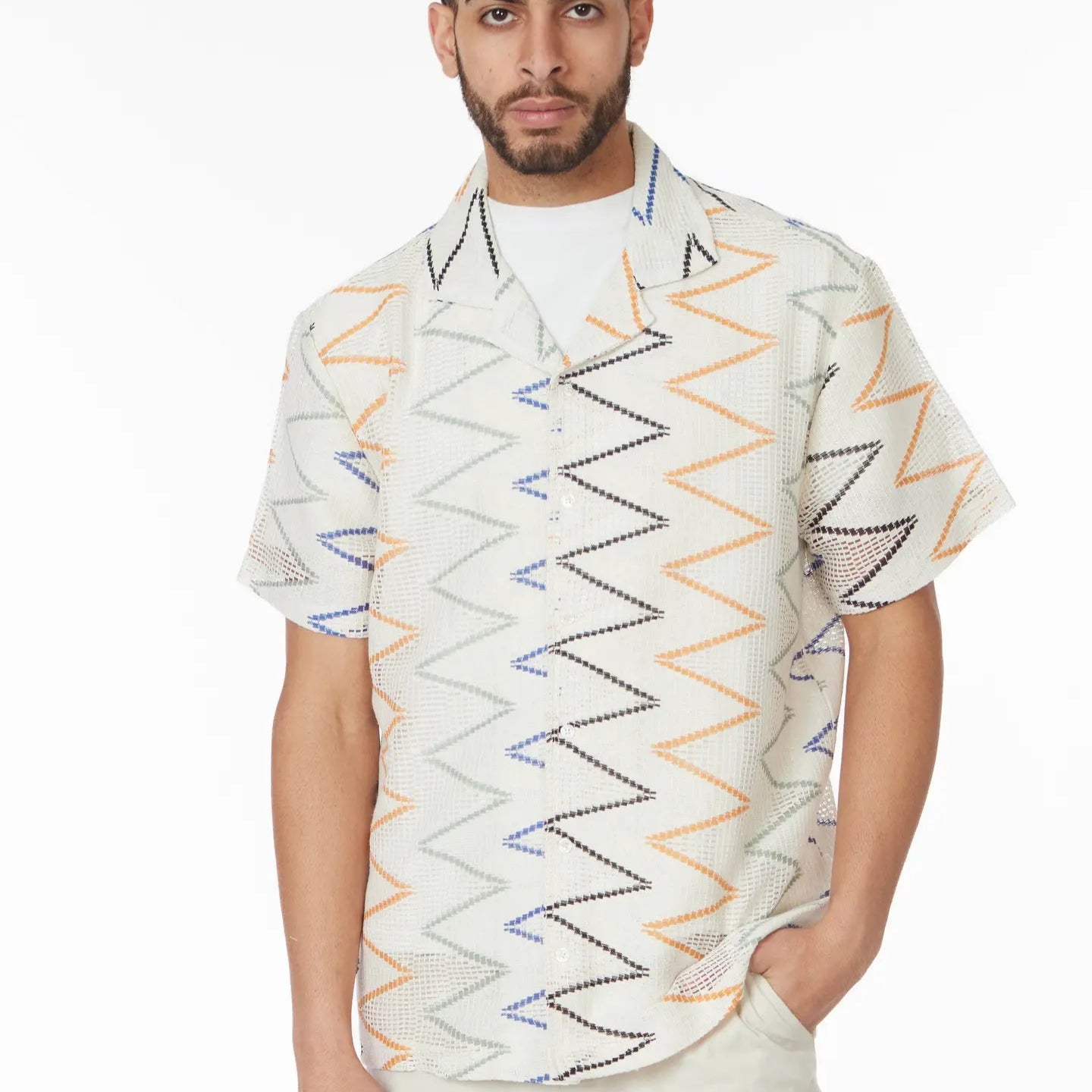 Zip Stripe Crochet Shirt S/S: Sand