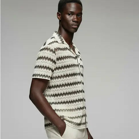 Horizontal Stripe Crochet Shirt S/S: Black & Off White