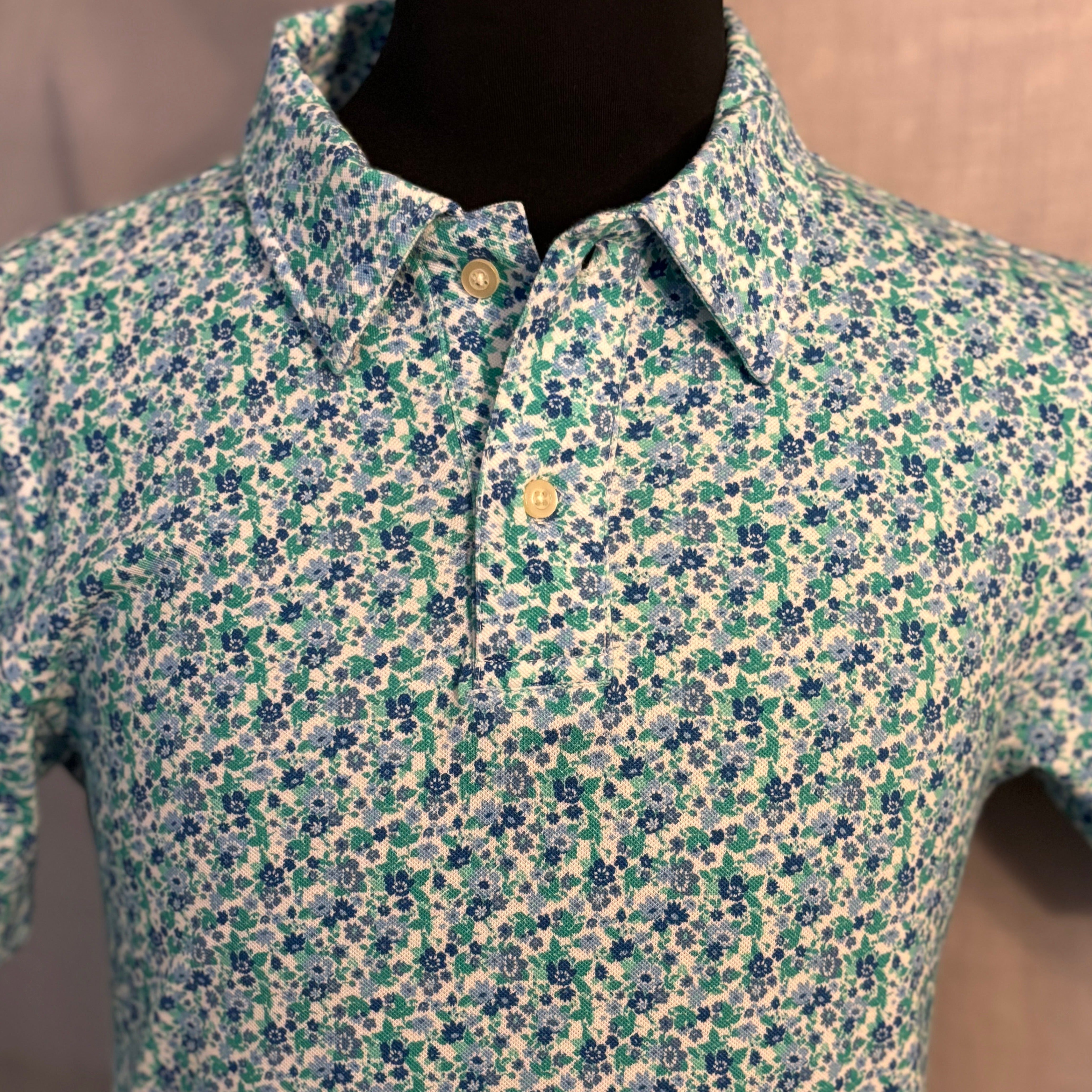 Floral Stretch Polo S/S: Blue & Green