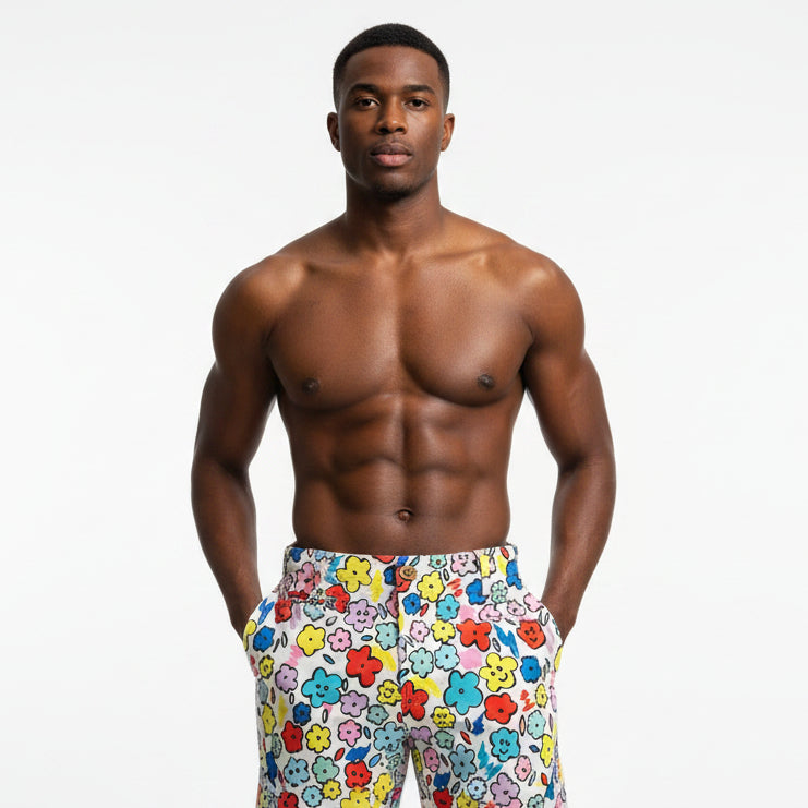 Smiley Flowers Stretch Short: Off White