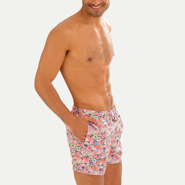 Cotton Flowers Print Swim Trunk: Blue & Pink