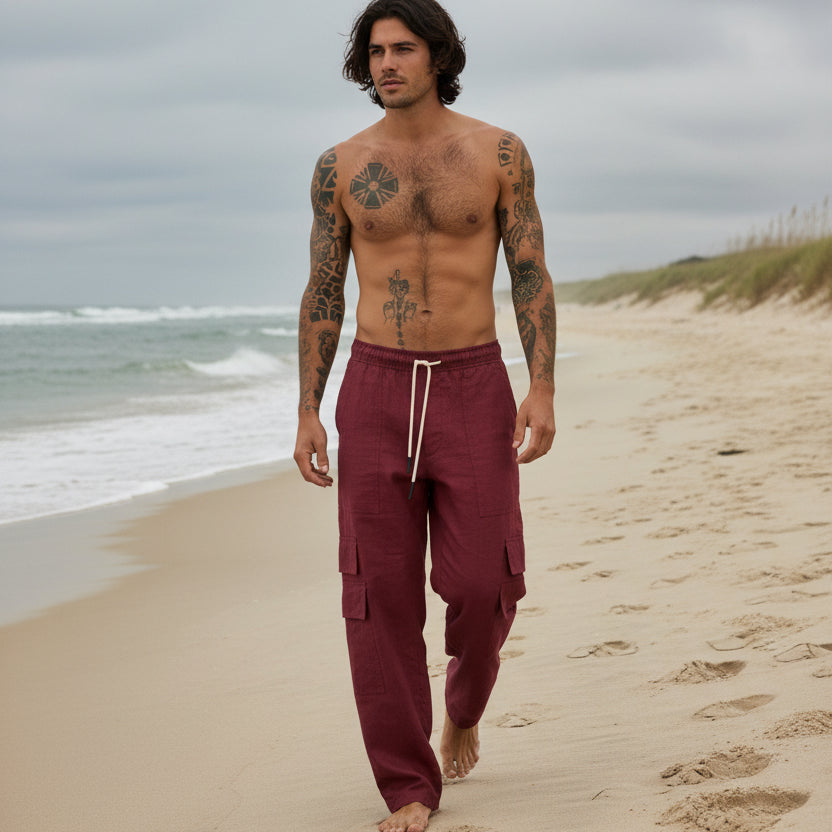 Linen Blend Cargo Pant: Burgundy