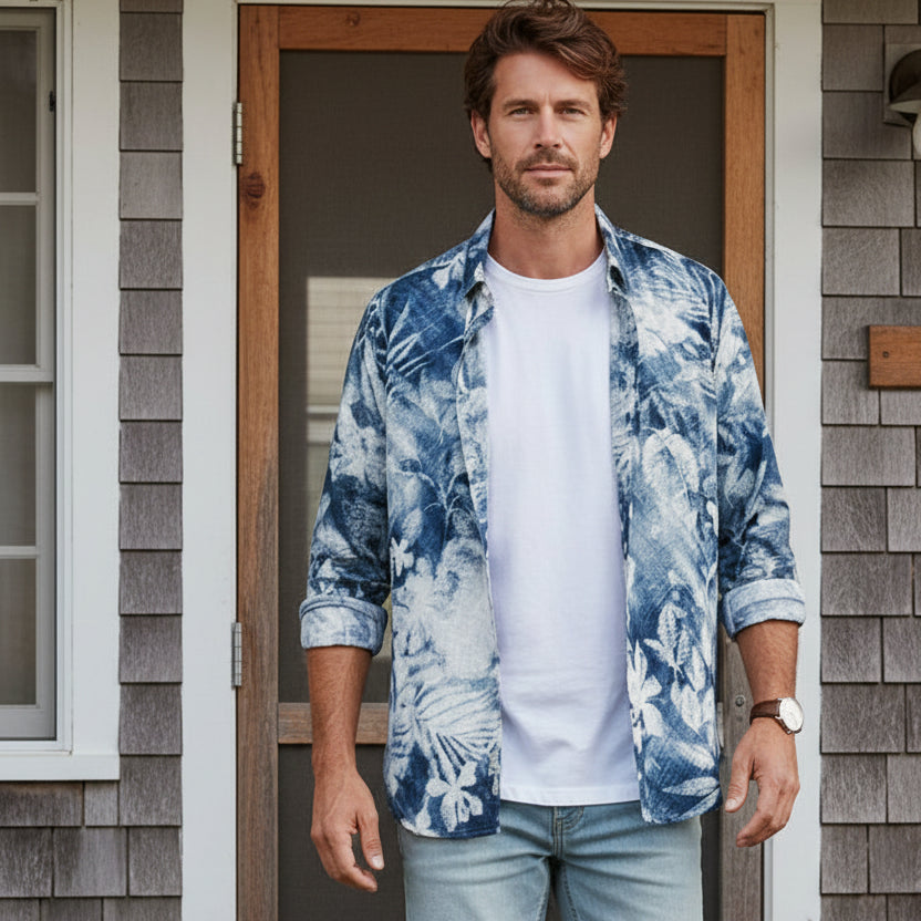 Floral Print Linen Amore Shirt L/S: Dark Navy