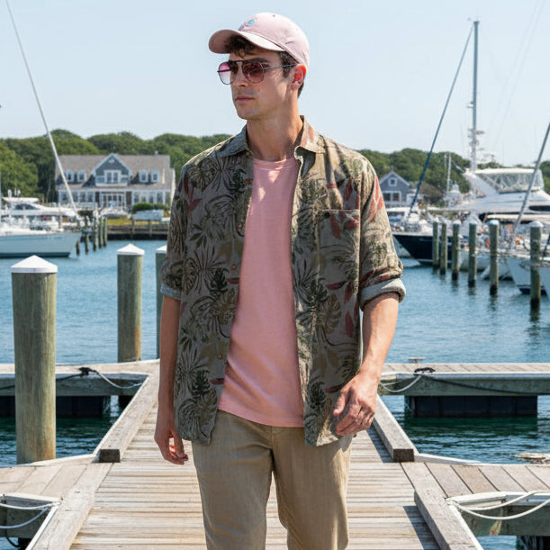 Tropical Leaves Print Charles Shirt L/S: Camel