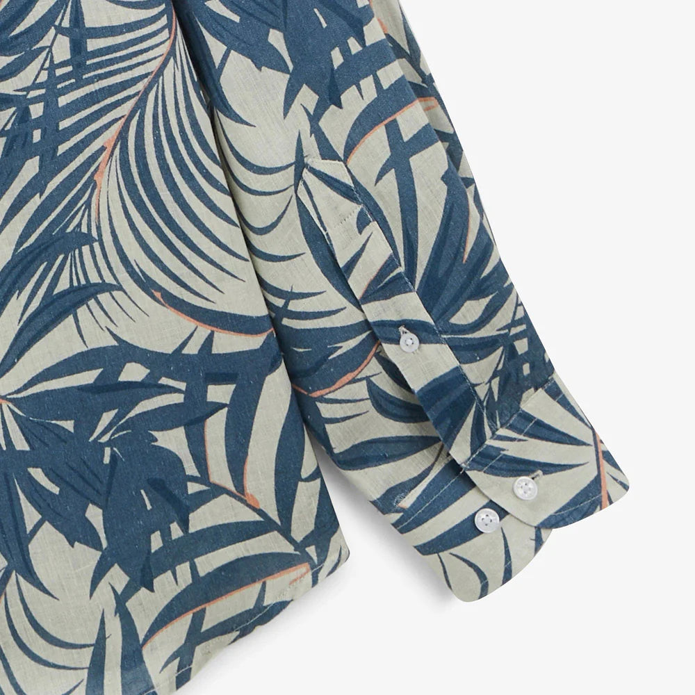 Linen Leaf Print Charles Shirt L/S: Denim