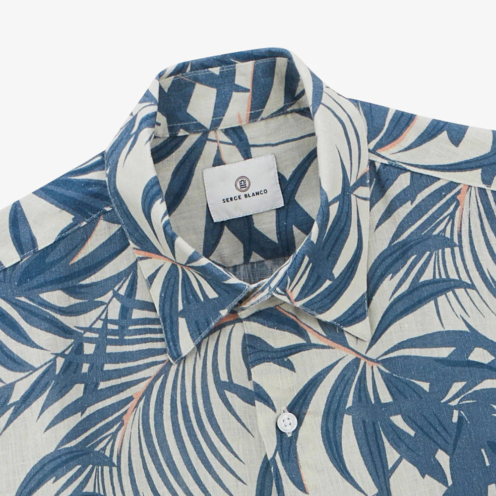 Linen Leaf Print Charles Shirt L/S: Denim