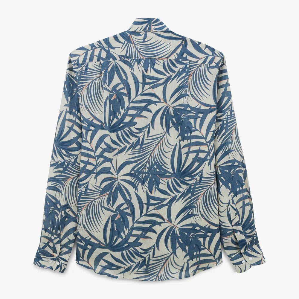 Linen Leaf Print Charles Shirt L/S: Denim