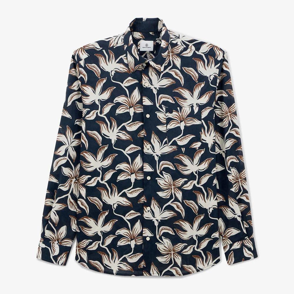 Hibiscus Print Charles Shirt L/S: Dark Navy