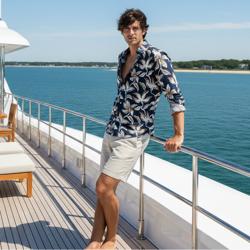 Hibiscus Print Charles Shirt L/S: Dark Navy