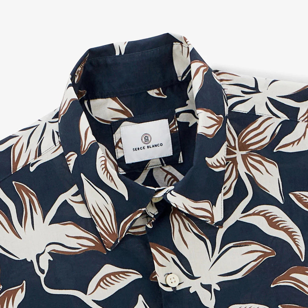 Hibiscus Print Charles Shirt L/S: Dark Navy