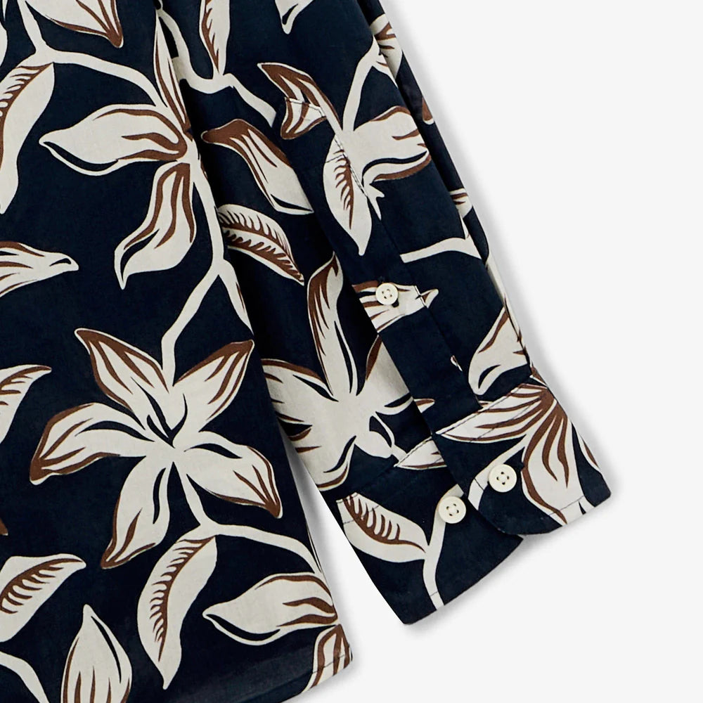 Hibiscus Print Charles Shirt L/S: Dark Navy