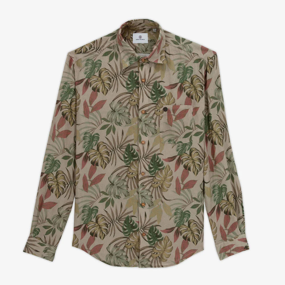 Tropical Leaves Print Charles Shirt L/S: Camel