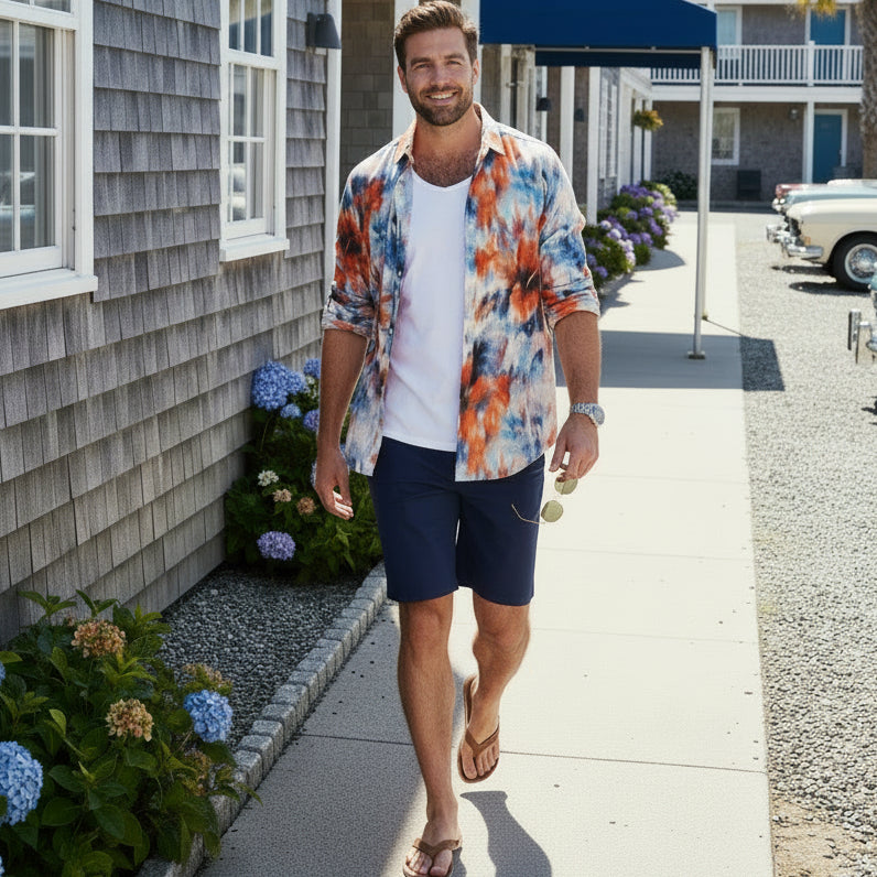 Floral Print Linen Cocoa Shirt L/S: Orange