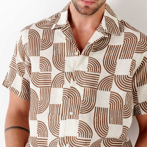 Dali Geometric Print Linen Shirt S/S: Chocolate