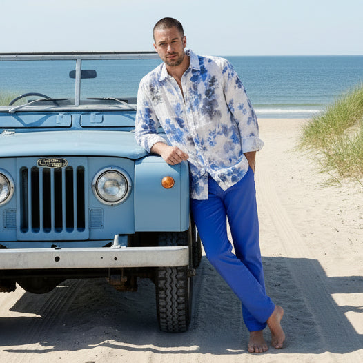 Floral Print Linen Diego Shirt L/S: Ocean
