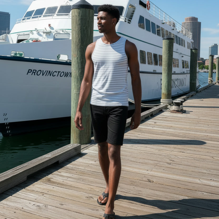 Printed Tank: White/ Heather Grey Stripe
