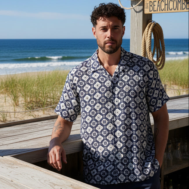 Geometric Linen LISBOA Shirt S/S: Navy