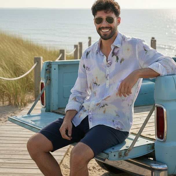 Floral Print Linen Malta Shirt L/S: Mauve
