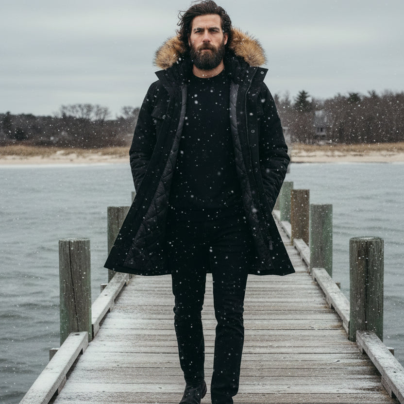 Faux Fur Trimmed Hood Parka: Black