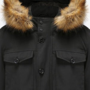 Faux Fur Trimmed Hood Parka: Black