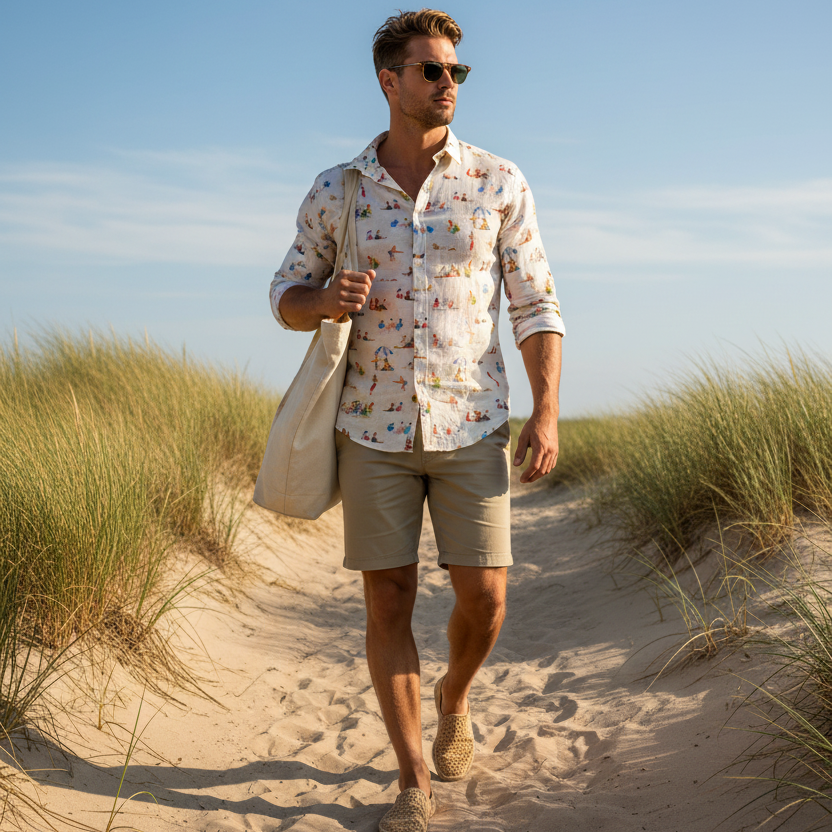 Beach Print Linen Spaggia Shirt L/S: Sandshell