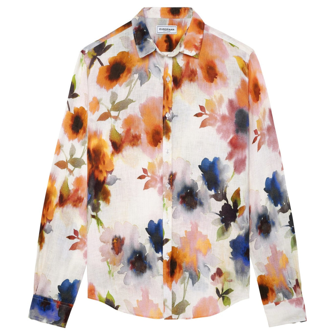 Floral Print Linen Pampelone Shirt L/S: Orange