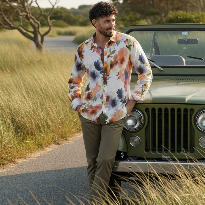 Floral Print Linen Pampelone Shirt L/S: Orange
