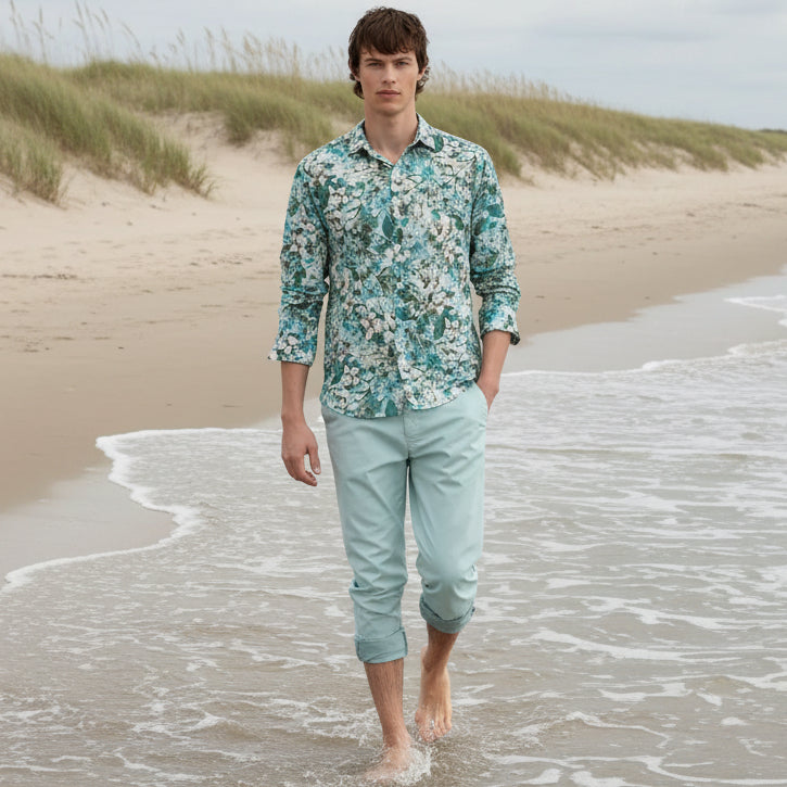 Sandros Floral Print Shirt L/S: Aqua