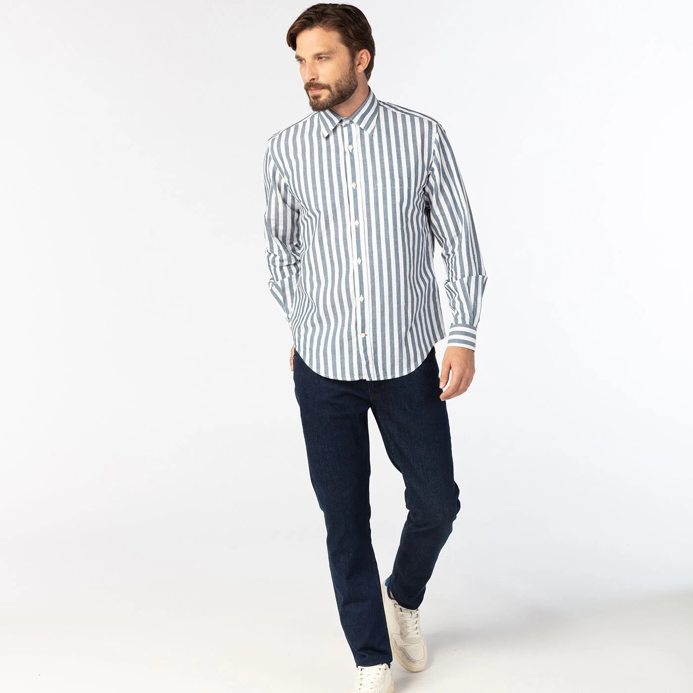 Vertical Stripe Shirt L/S: Granite & White