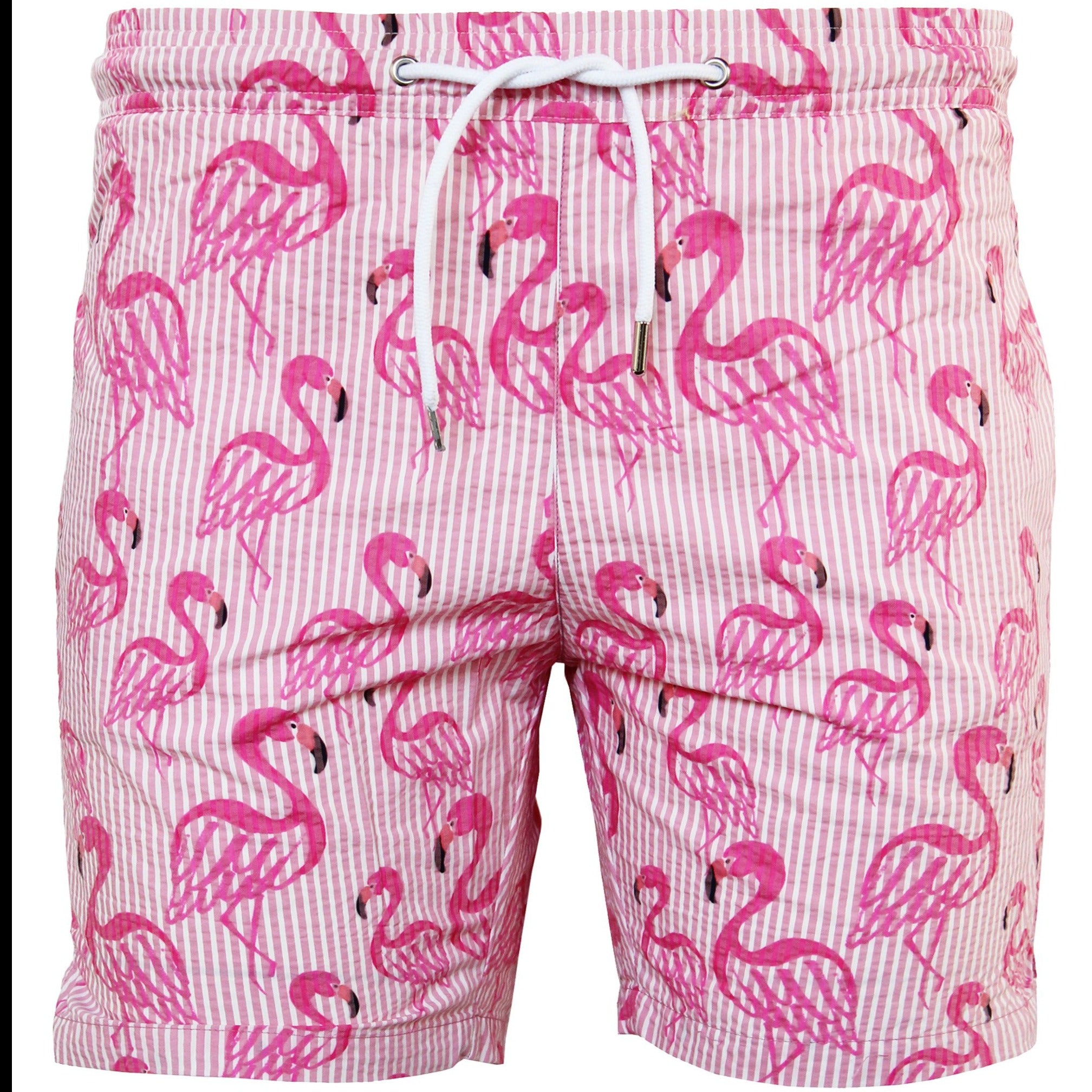 Shorties Seersucker Flamingos Print Swim: Pink