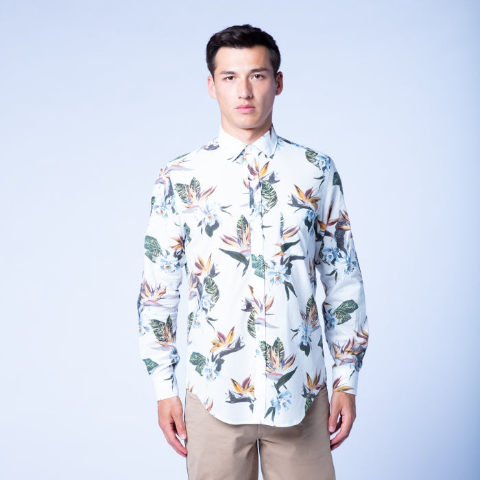 Tropical Floral Print Shirt L/S: White