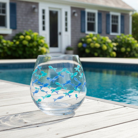 Etched Fish Stemless Wine Glass: Blue/Green