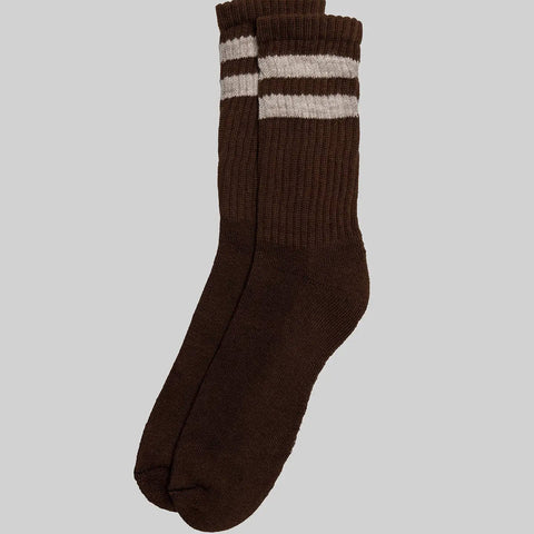 Double Stripe Crew Sock: Brown/White