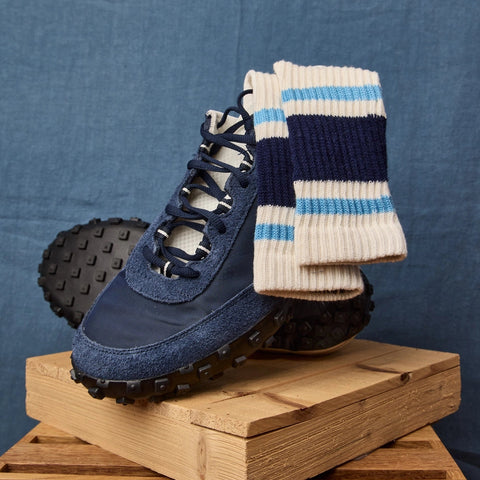 Retro Stripe Crew Sock: Navy/Blue