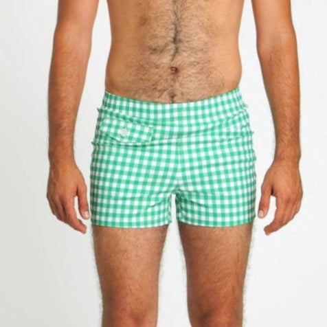 Cabana Swim Trunk: Green Gingham