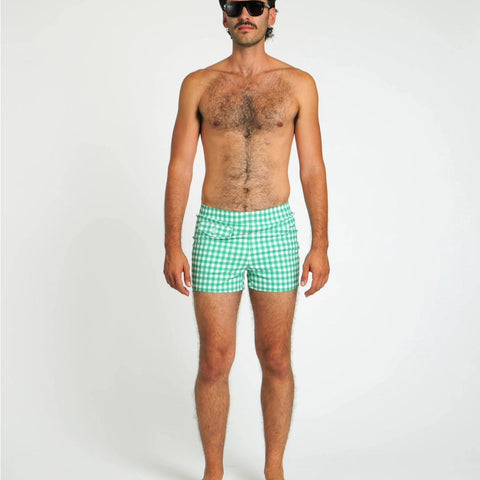 Cabana Swim Trunk: Green Gingham