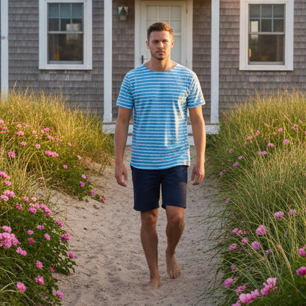 Brenton Striped Shirt S/S: Waterfall/White