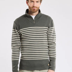 Quarter Zip Striped Sweater L/S: Grey & Natural