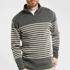 Quarter Zip Striped Sweater L/S: Grey & Natural