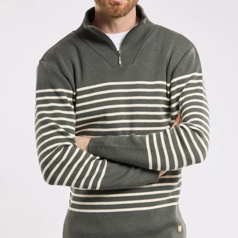 Quarter Zip Striped Sweater L/S: Grey & Natural