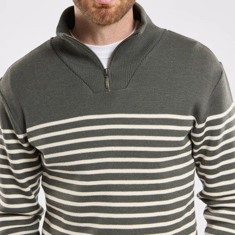 Quarter Zip Striped Sweater L/S: Grey & Natural
