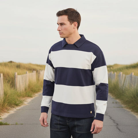 Polo Collar Stripe Sweatshirt L/S: Navy/White