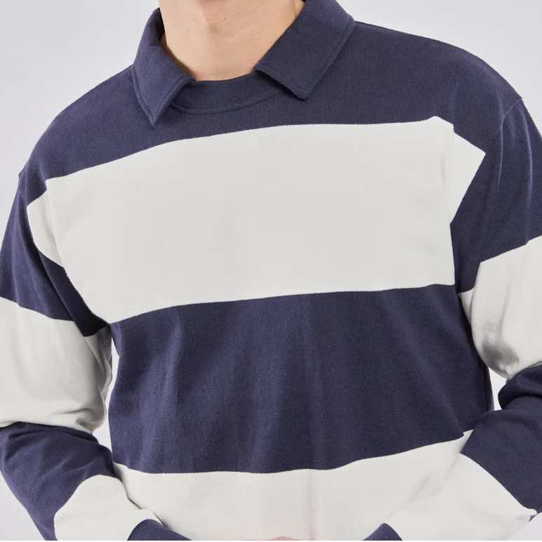 Polo Collar Stripe Sweatshirt L/S: Navy/White
