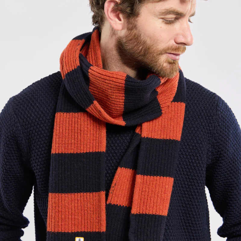 Striped Lambswool Scarf: Navy & Paprika